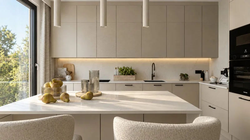 Visualisation of the kitchen with beige furniture.