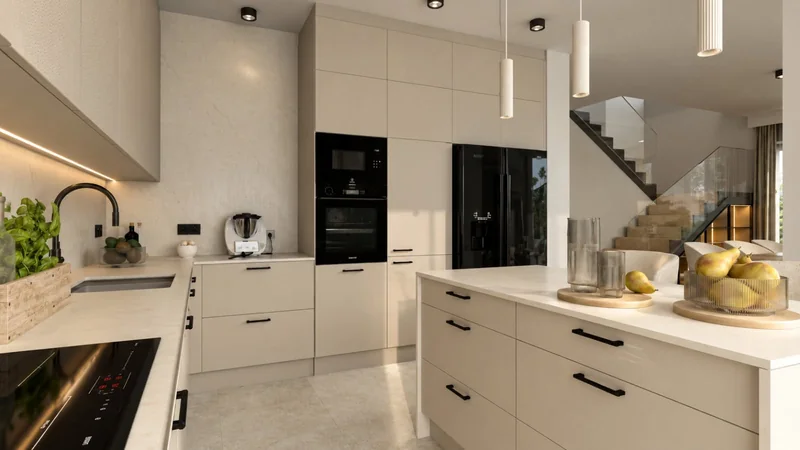 Floor-to-ceiling cabinetry, black details and countertop lighting.