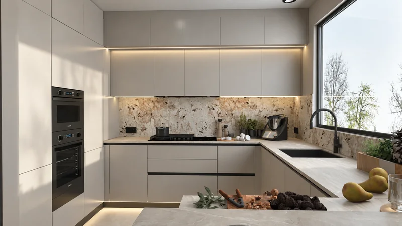 Decorative stone pattern above the countertop and warm lighting.