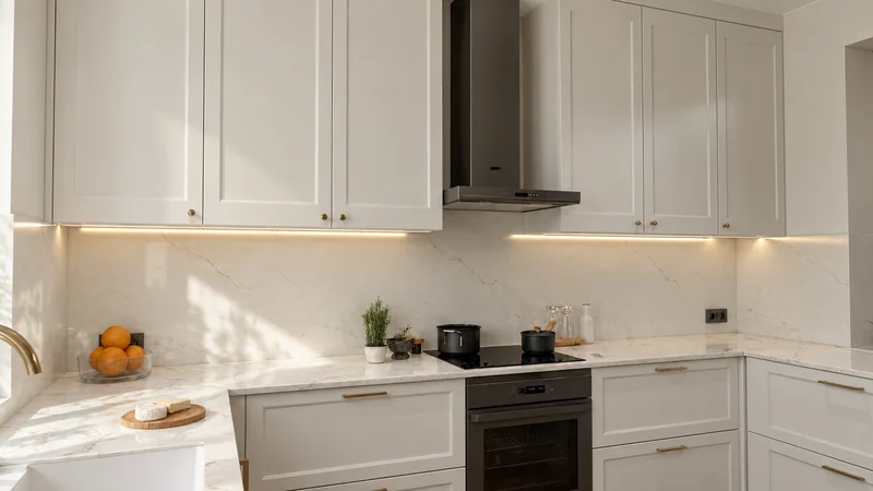 Cream fronts, gold-tone handles and a delicate marble pattern above the countertop.