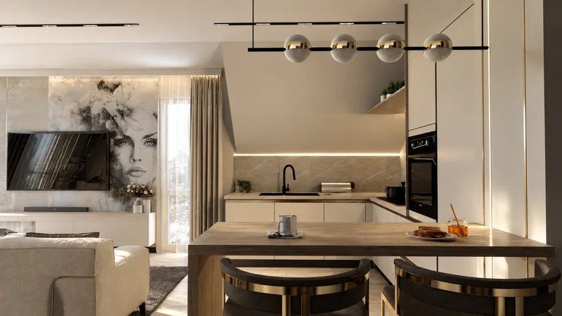 A wooden bar, a decorative lamp and a bright kitchen connected to the living room.