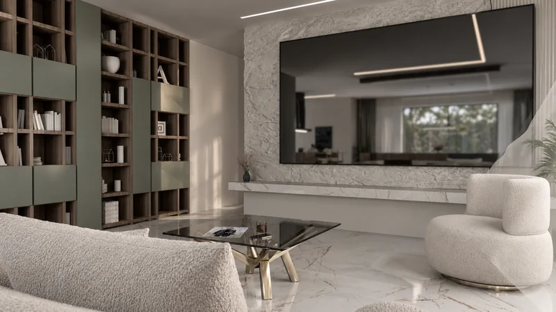 A wood-tone bookcase with olive fronts and a TV wall with a distinctive texture.