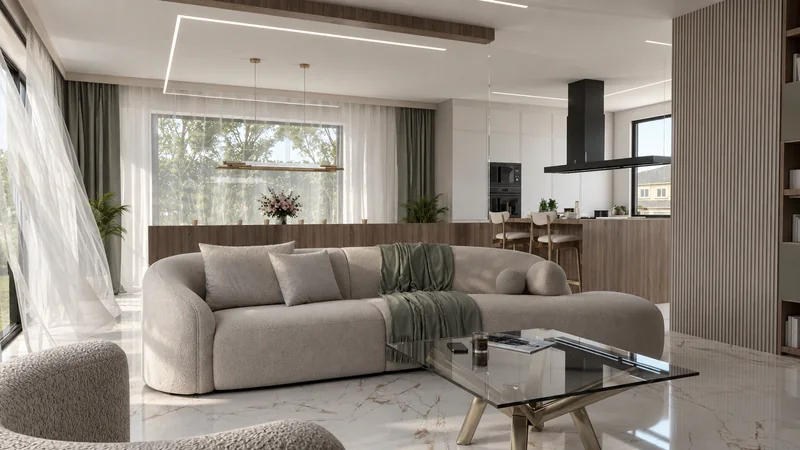 Living room with a bookcase and olive accent
