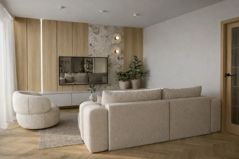 A light sofa and a round armchair against the background of wood-tone furniture and a decorative stone pattern.