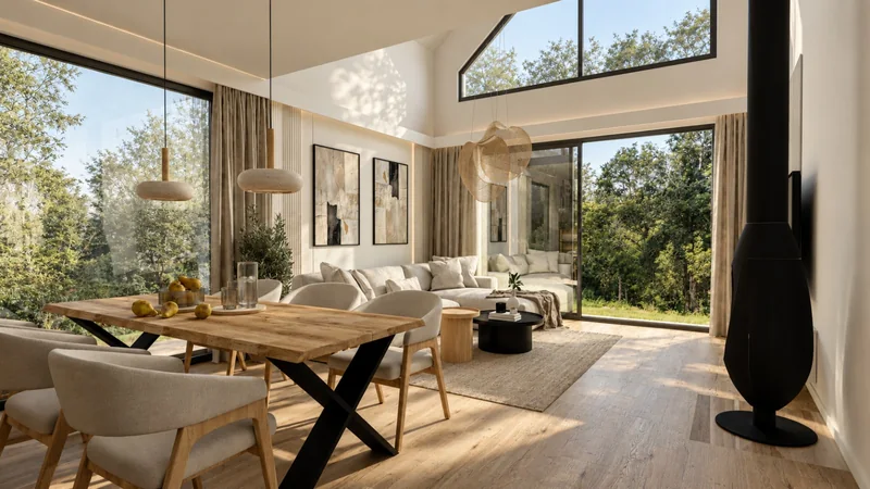 Visualisation of a bright living room connected to the dining room.