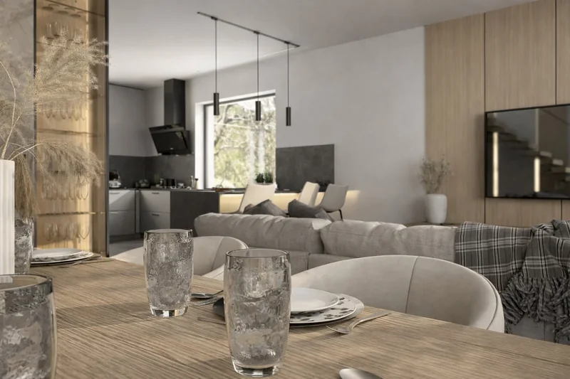 The dining room is connected to the living room and open kitchen.