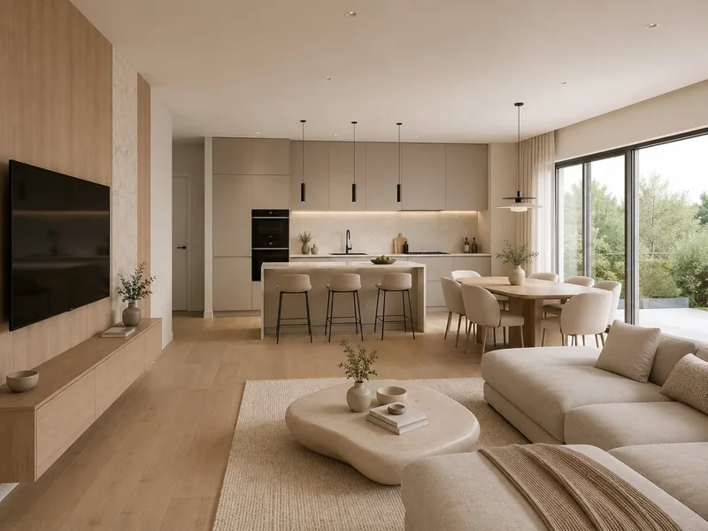 Open living area with a kitchen and an island in light shades.