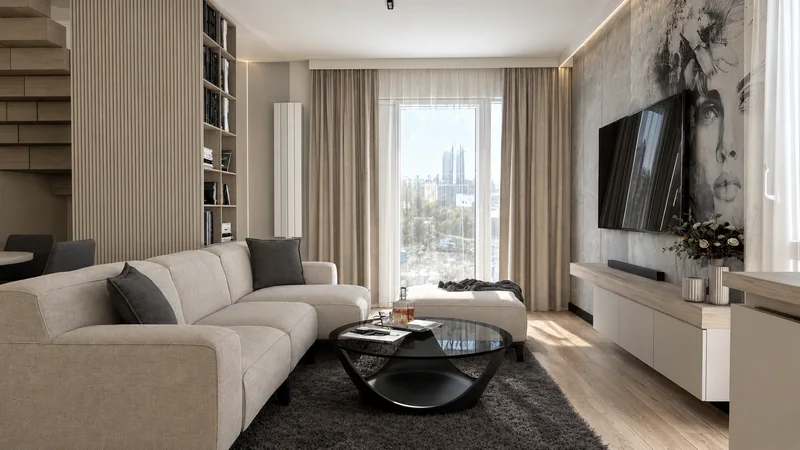 Living room under a sloping ceiling with a decorative wall