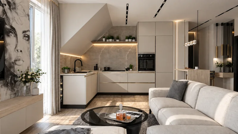 A living room connected to a bright kitchen under a sloping ceiling.