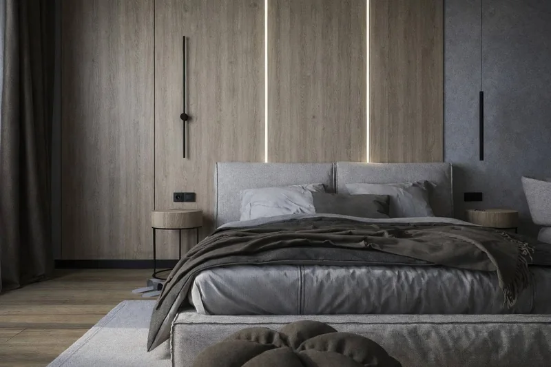 Visualisation of a bedroom with a built-in bookcase.