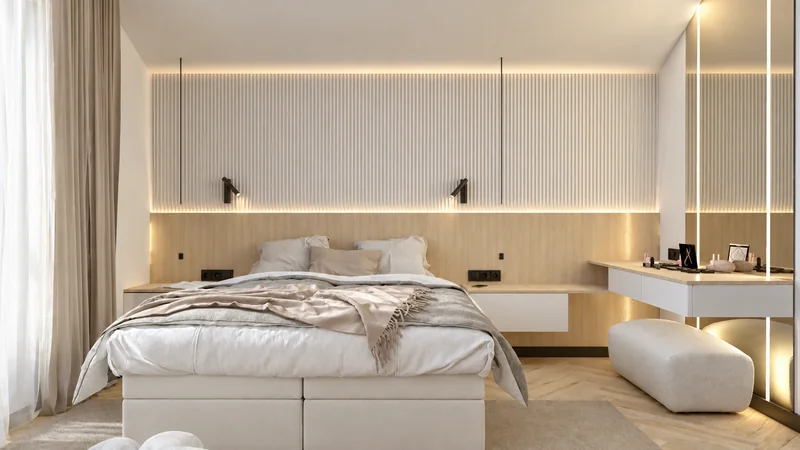 A light-coloured bed against the background of a grooved wall, wooden panels and an illuminated dressing table.